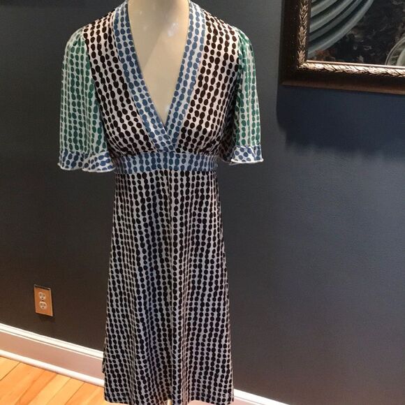 BCBGMAXAZRIA green/brown/blue print stretch dress - Picture 1 of 8